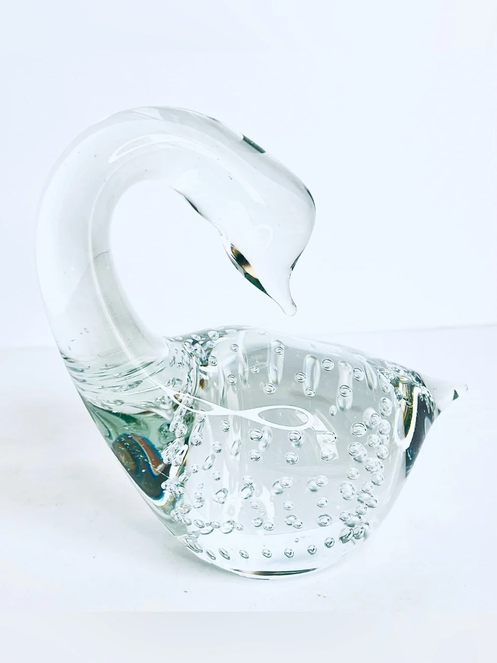 Hand Blown Clear Art Glass Swan Bullicante Controlled Bubble Figurine Decor